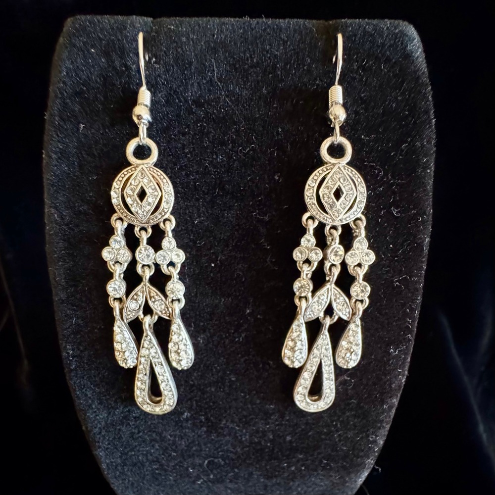 Monet Earrings Silver Tone Rhinestone Chandelier Drop Teardrop Dangle 2" Wedding